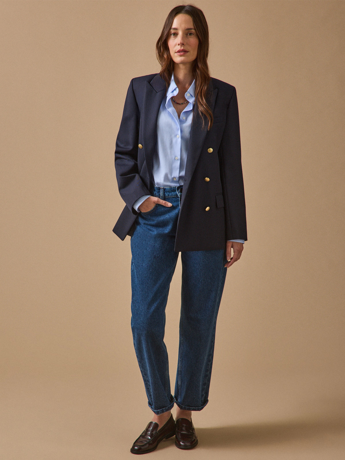 Women's plain twill blazer with golden buttons