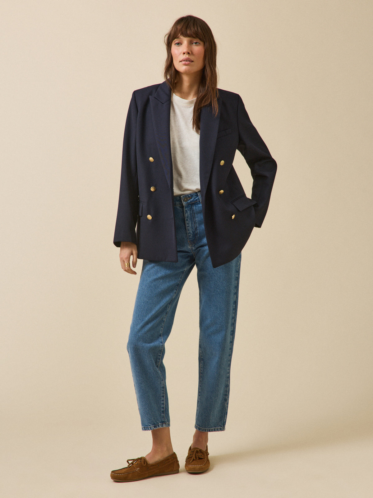 Women's plain twill blazer with golden buttons