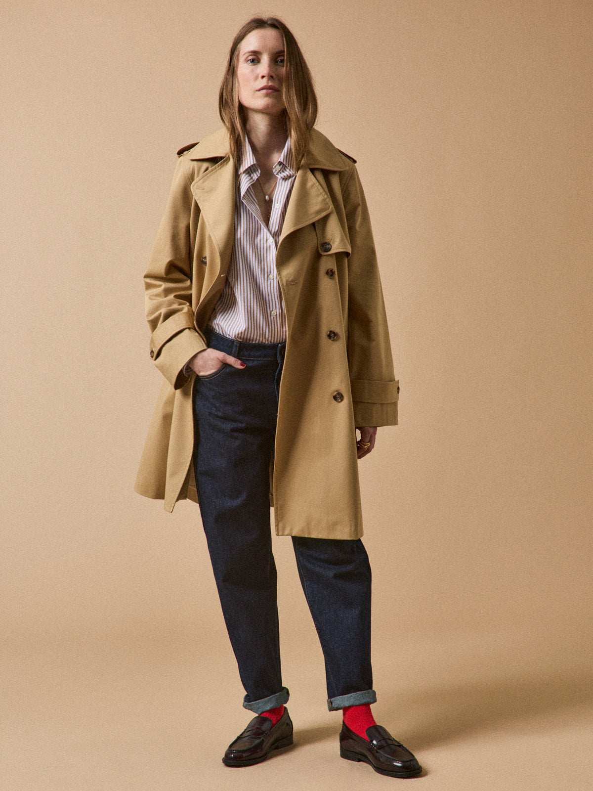 Women's long organic cotton trench coat