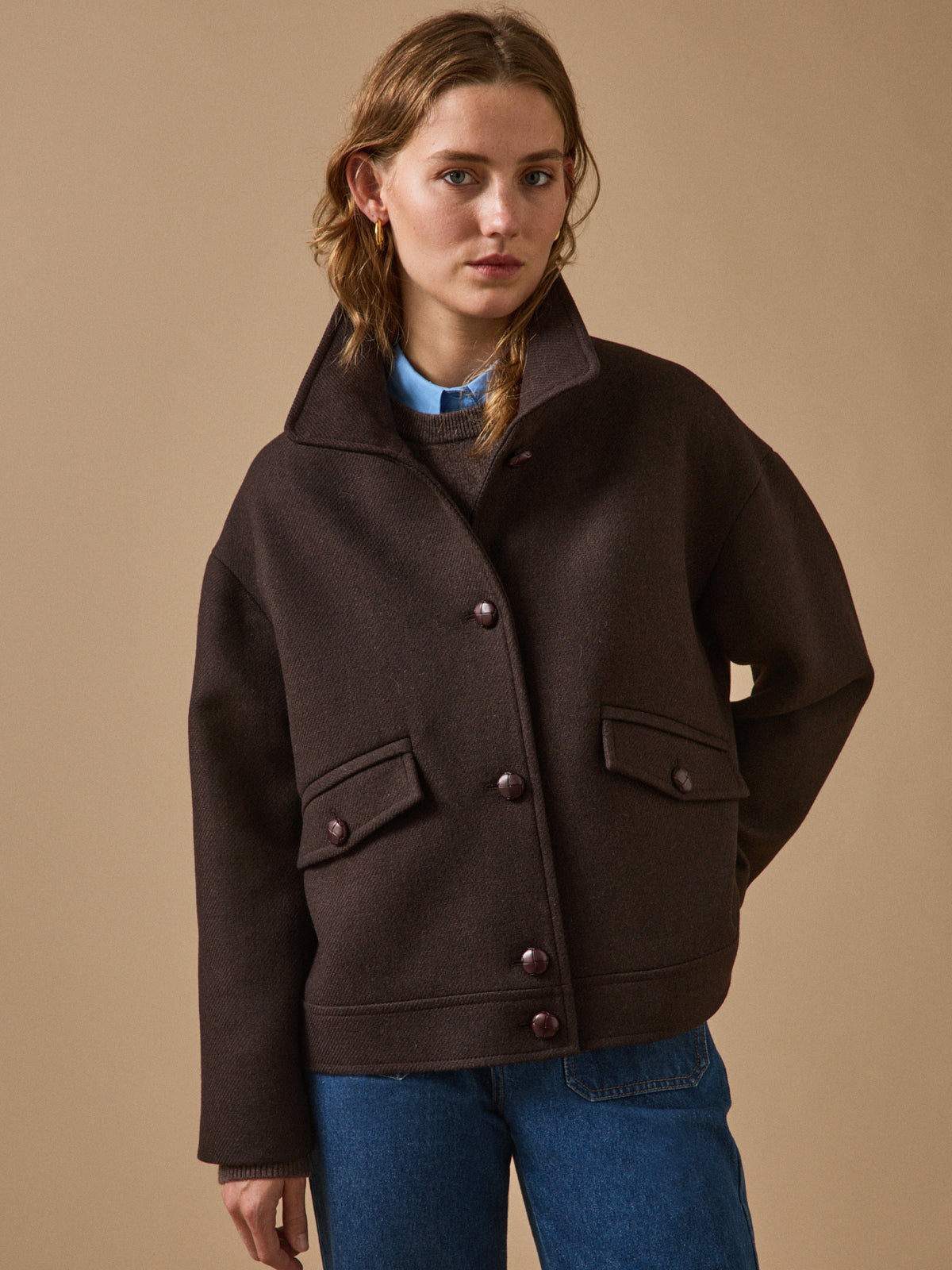 Women's solid-color short woolen coat