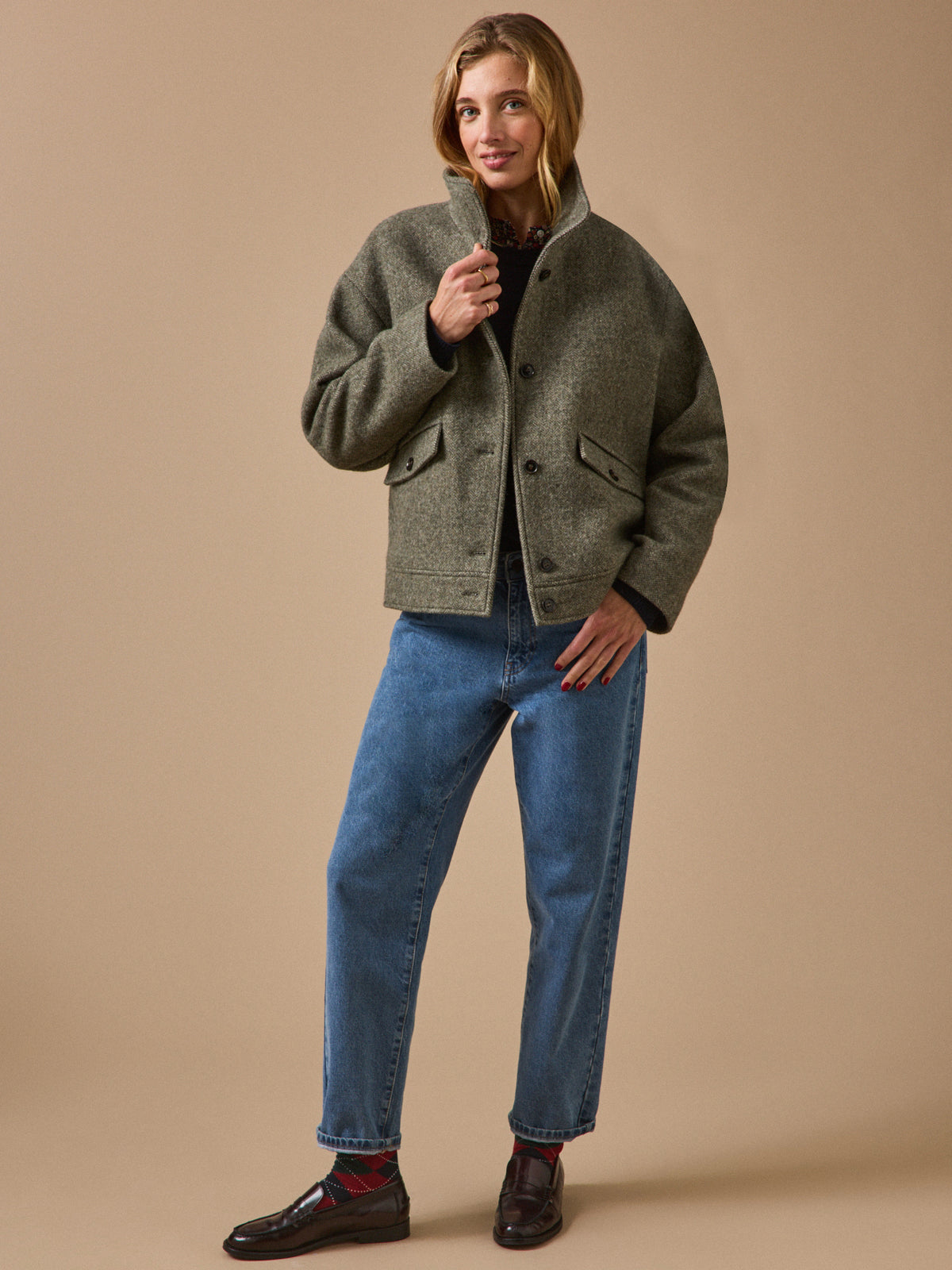 Women's short herringbone woolen coat