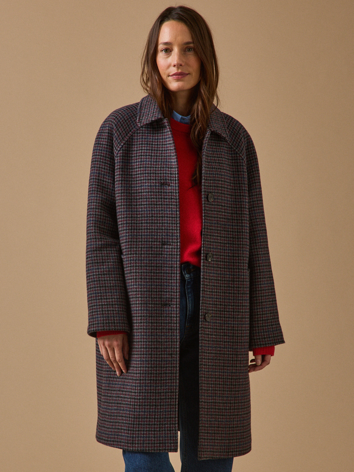 Women's mid-length houndstooth woolen coat