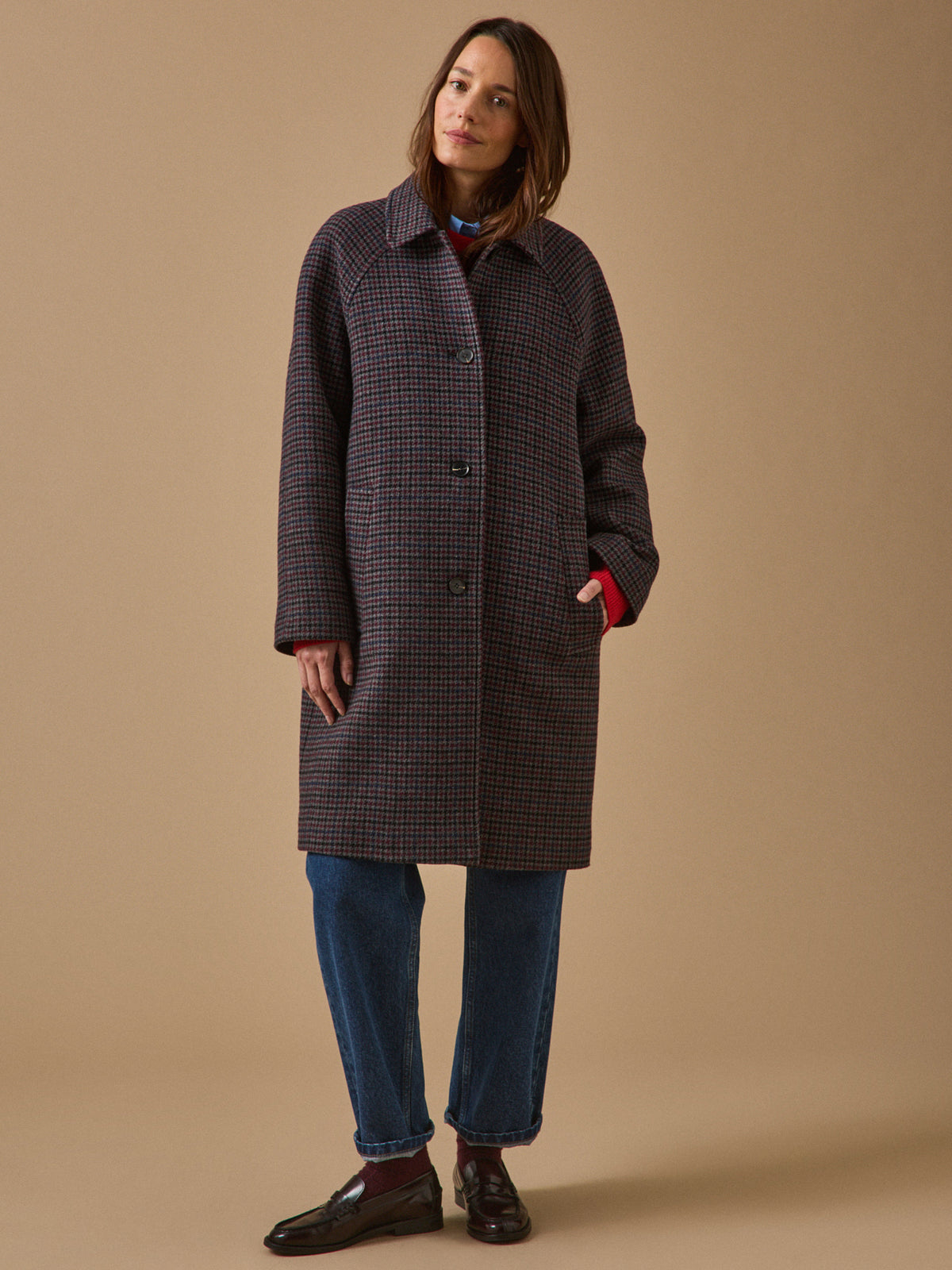 Women's mid-length houndstooth woolen coat