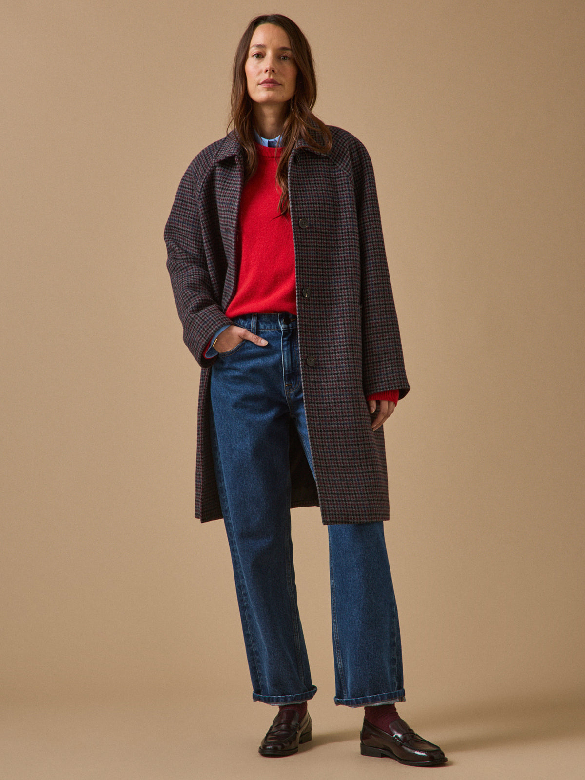 Women's mid-length houndstooth woolen coat