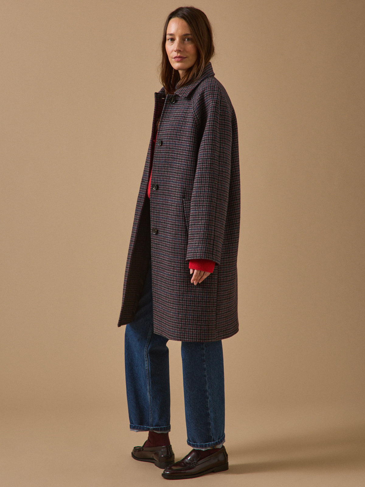 Women's mid-length houndstooth woolen coat