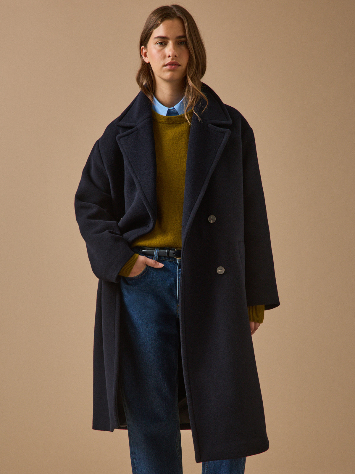 Women's solid color long woolen coat