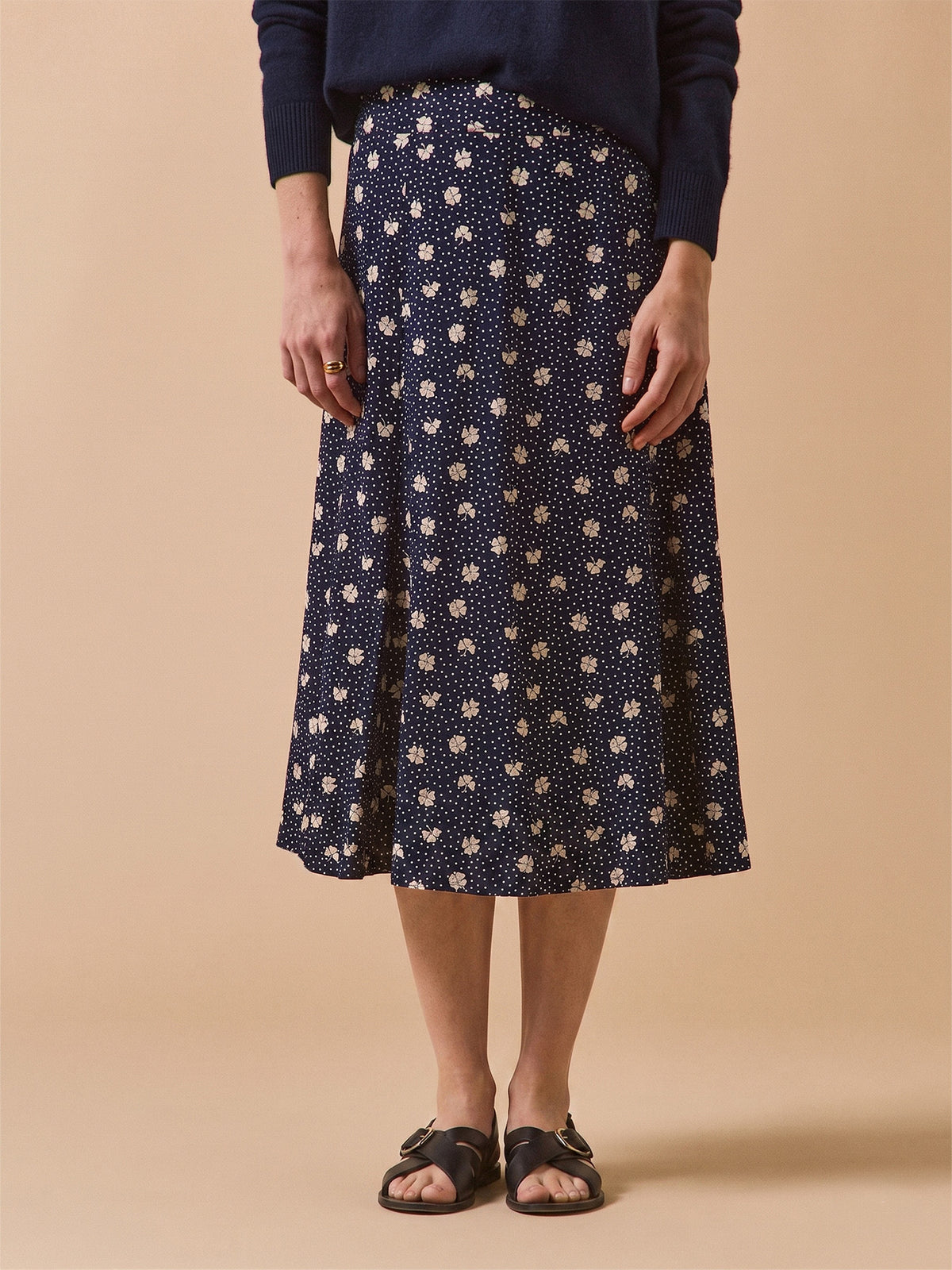 Jupe mi-longue femme viscose dobby imprimé Trèfles