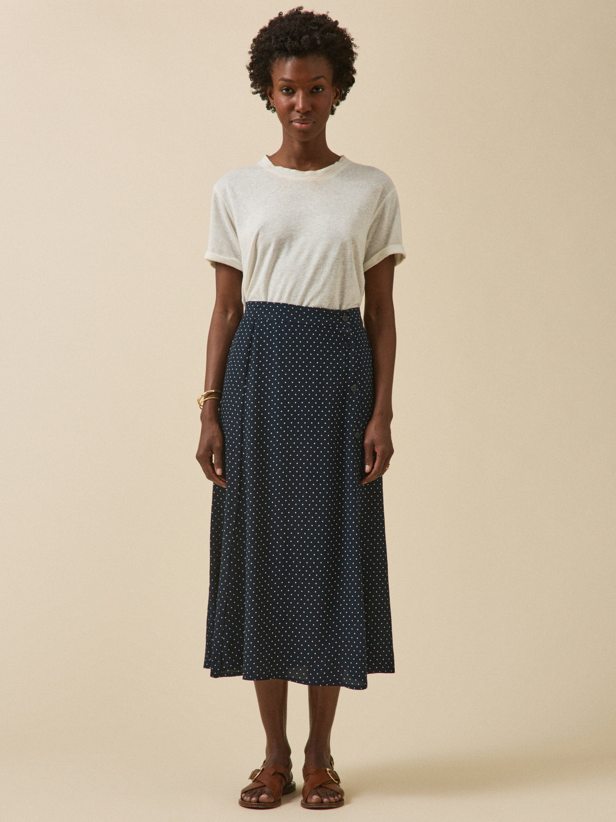 Women's dot-print mid-length viscose skirt