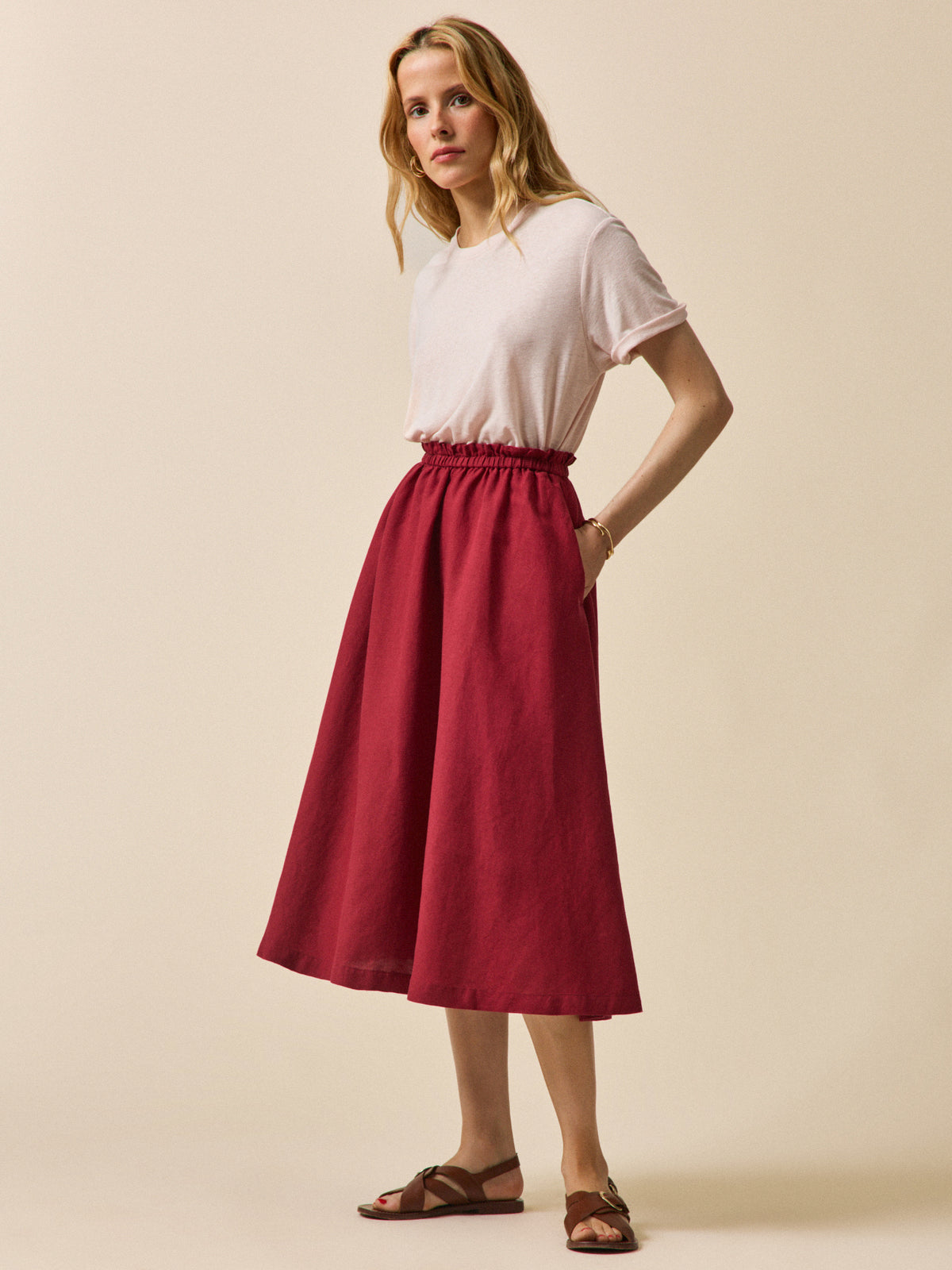 Women's mid-length linen and viscose skirt