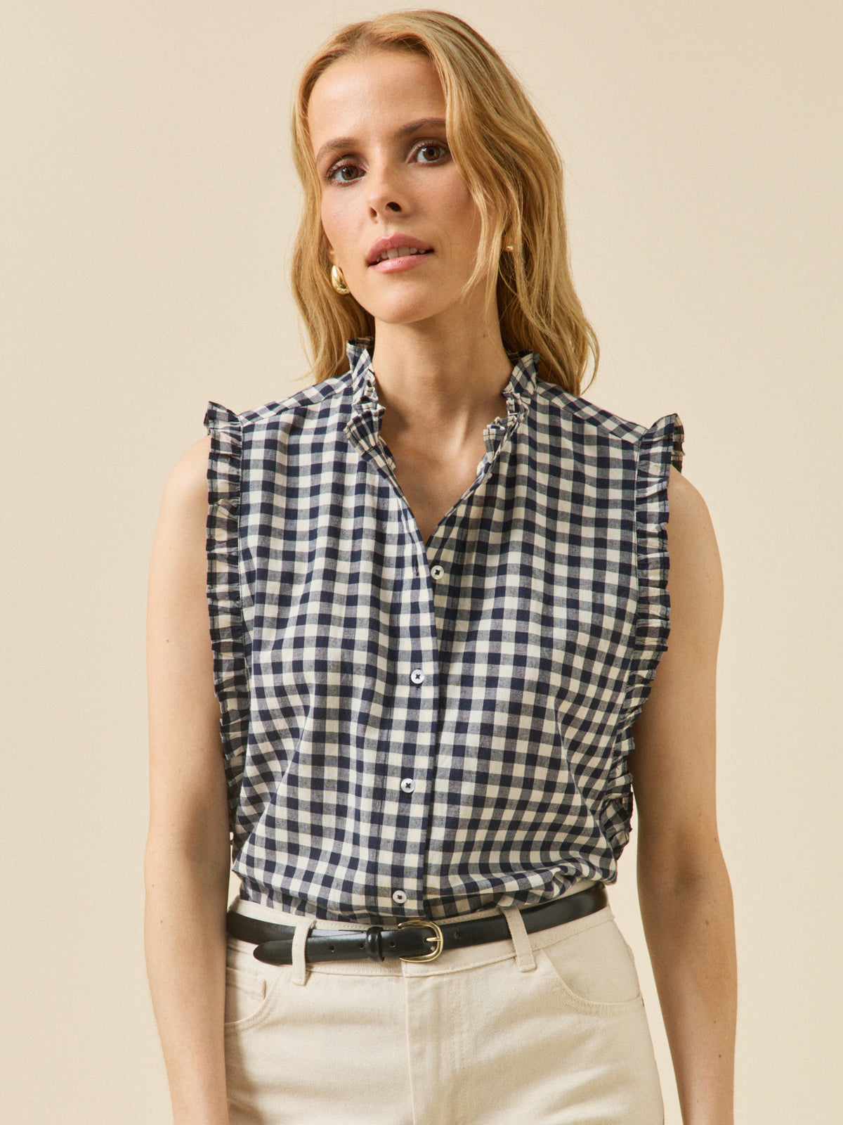 Top volanté sans manches vichy femme