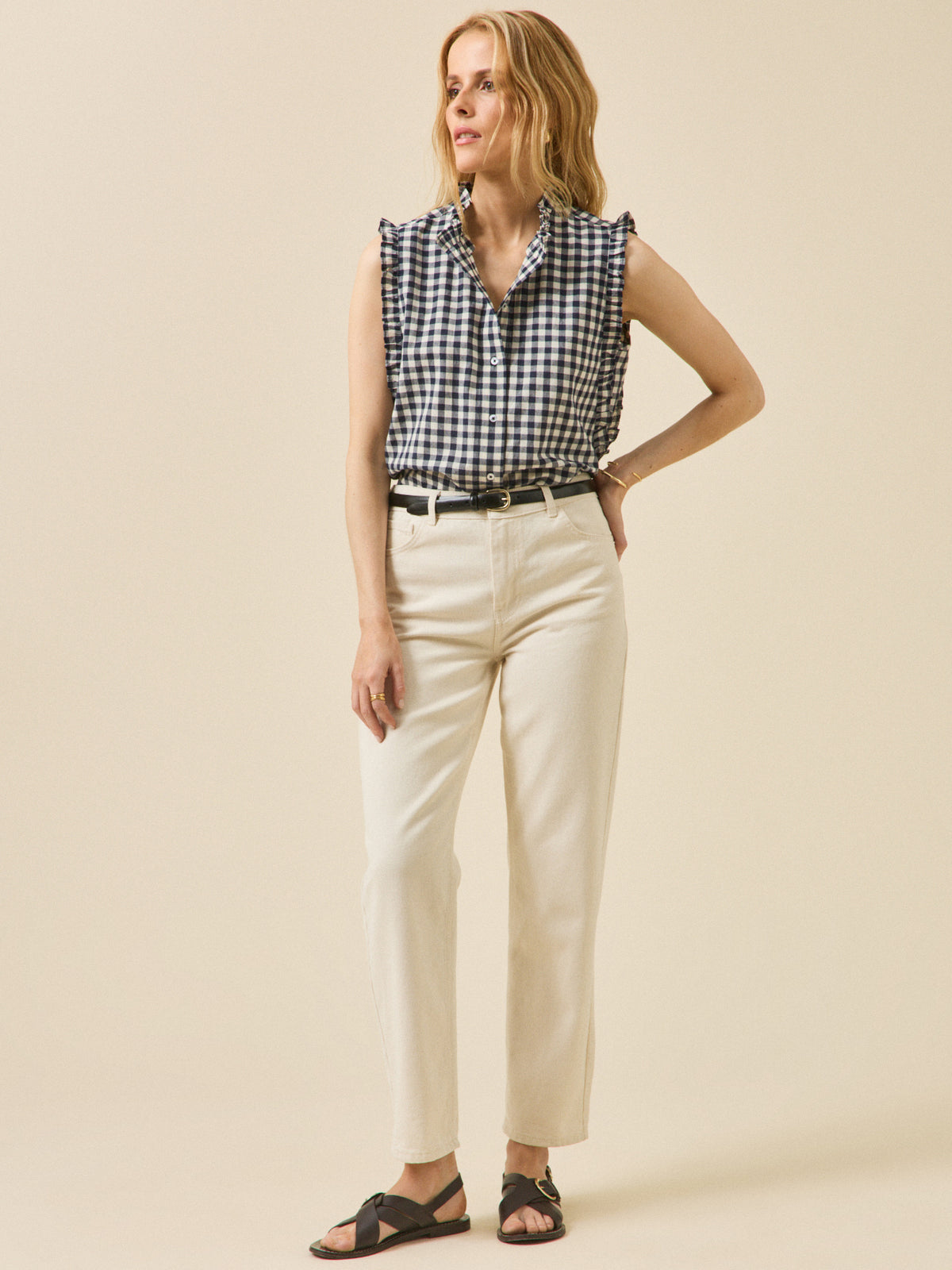 Top volanté sans manches vichy femme