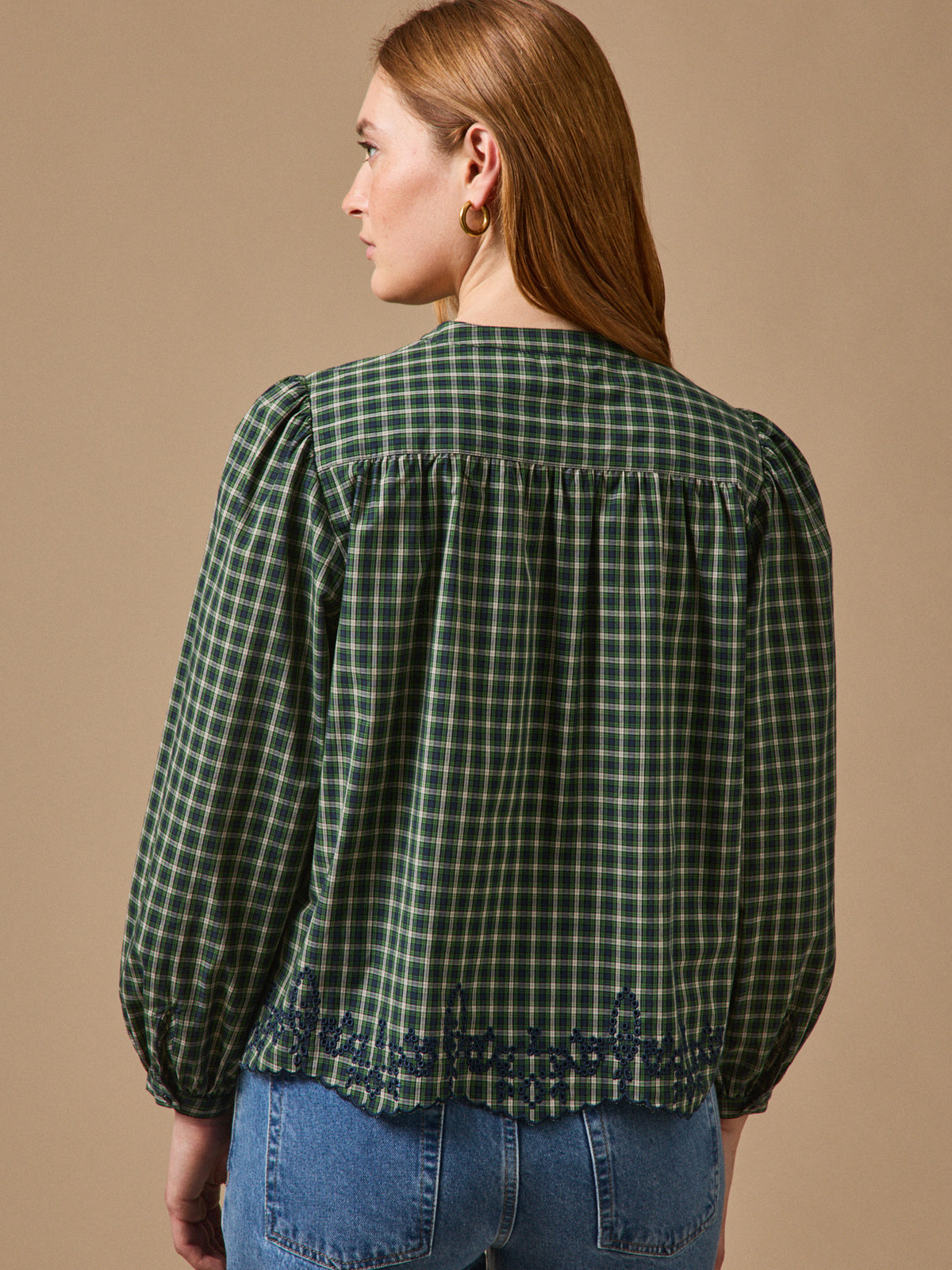 Women's embroidered checked blouse