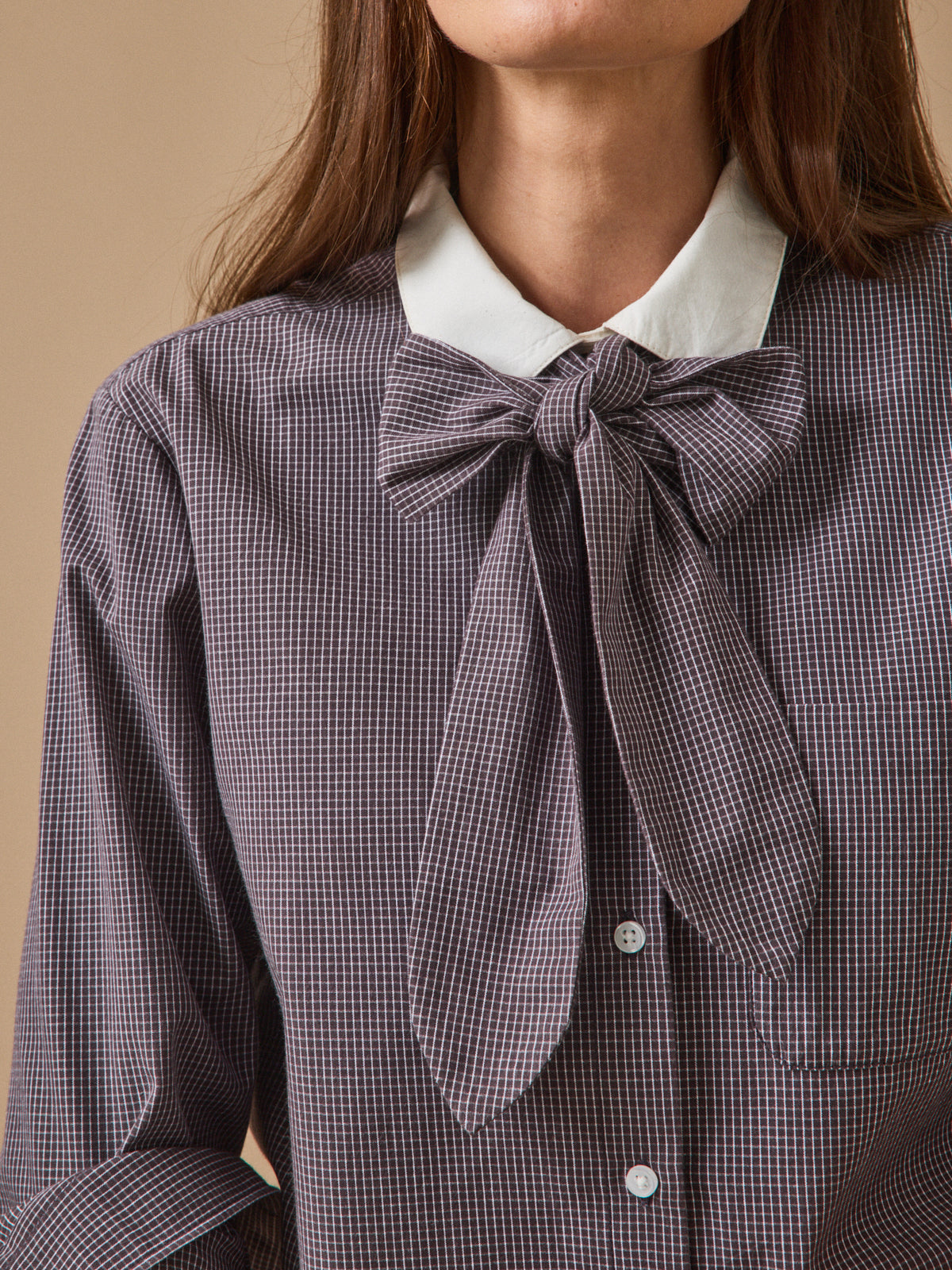 Women's checked shirt with tie neckline