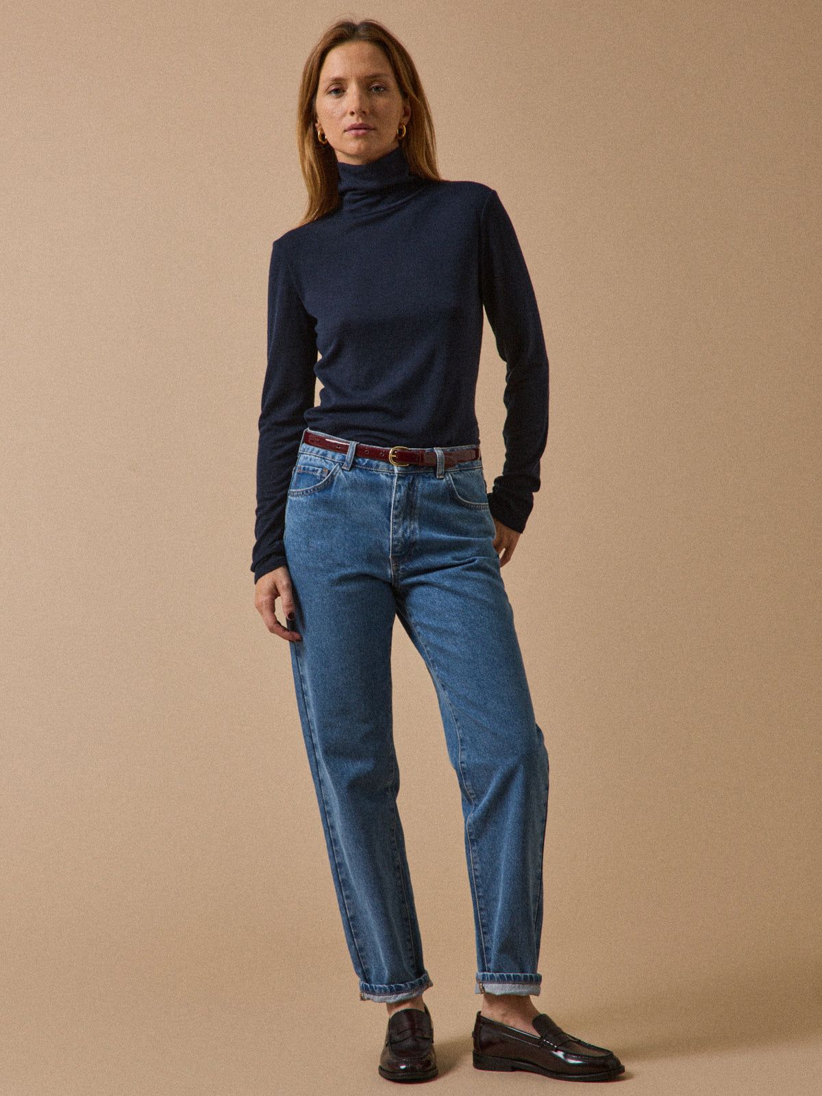 Women's wool jersey rollneck top