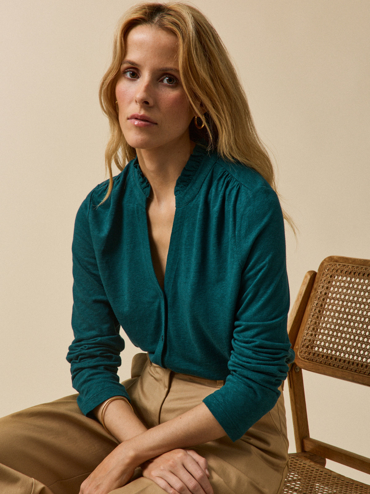 T-shirt boutonné lin et viscose femme