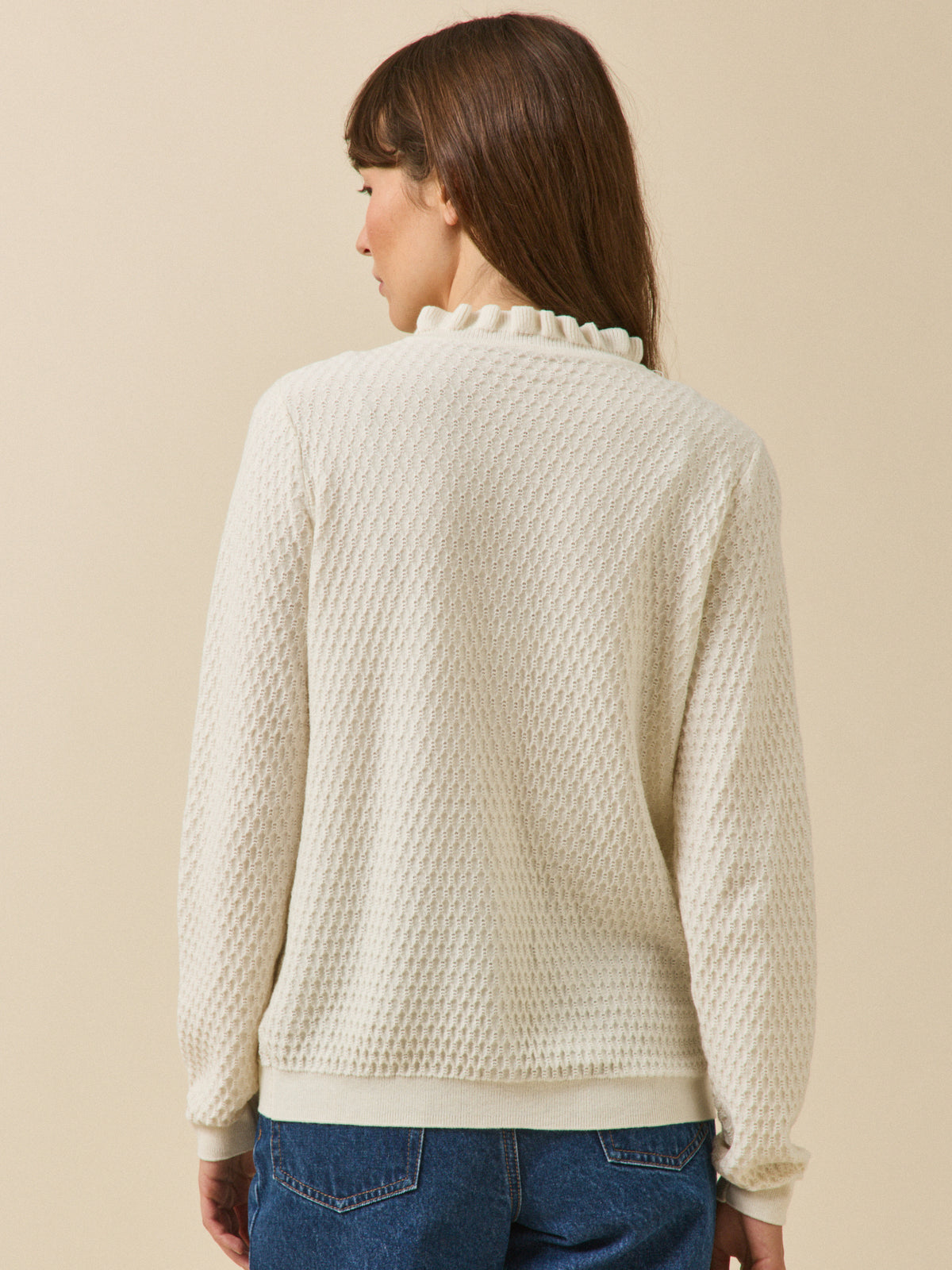 Women's organic cotton and cashmere cardigan with ruffled neckline