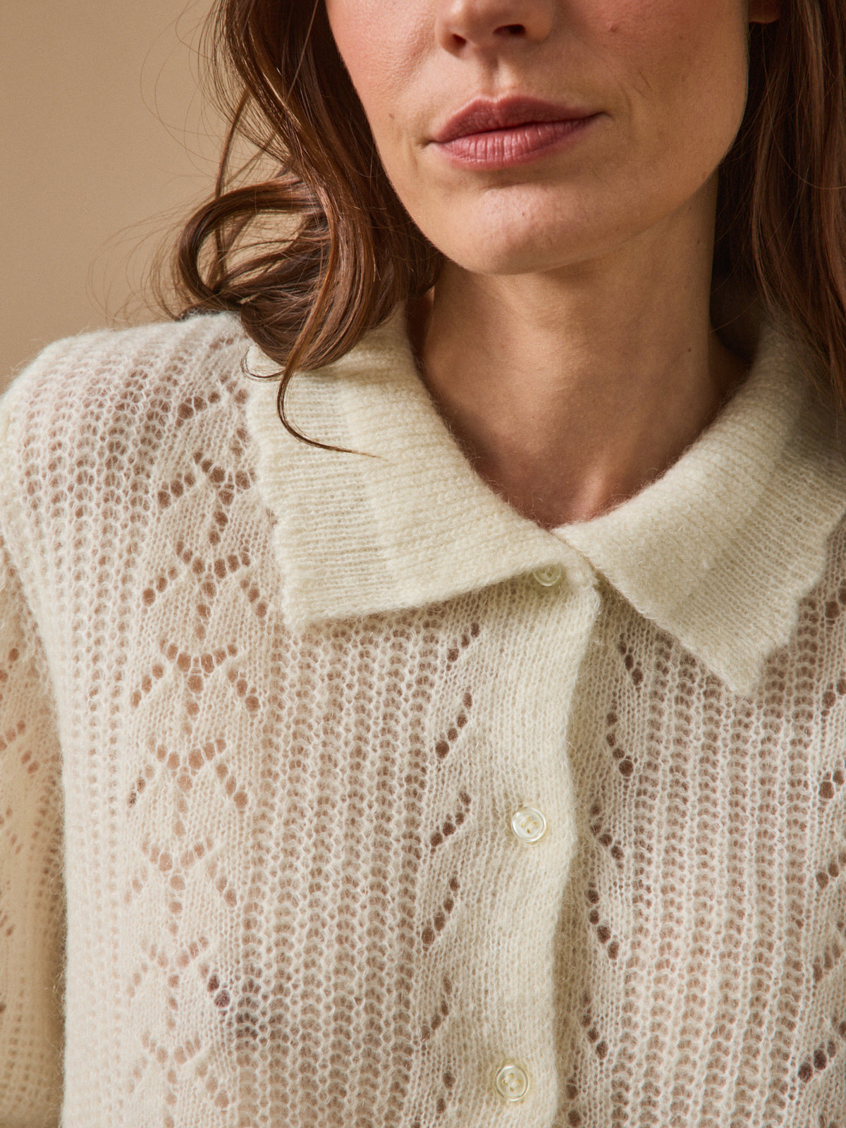 Women's wool and mohair cardigan with polo shirt collar