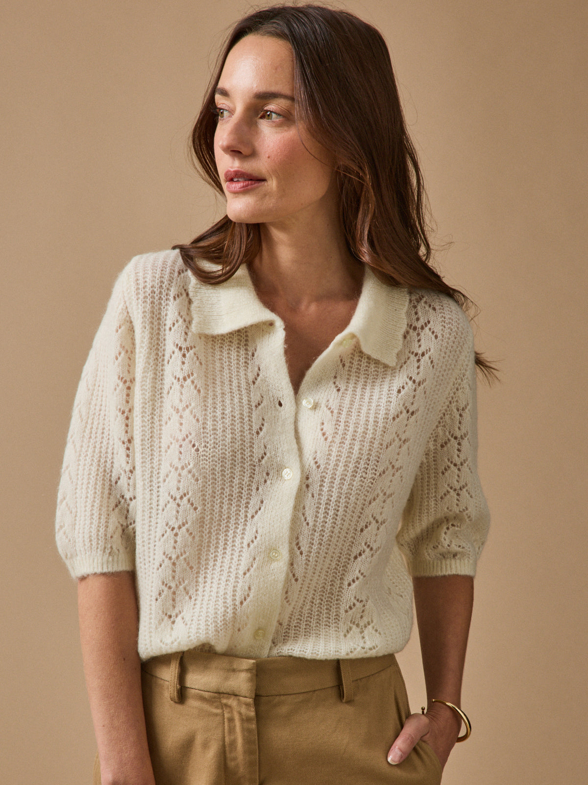 Women's wool and mohair cardigan with polo shirt collar