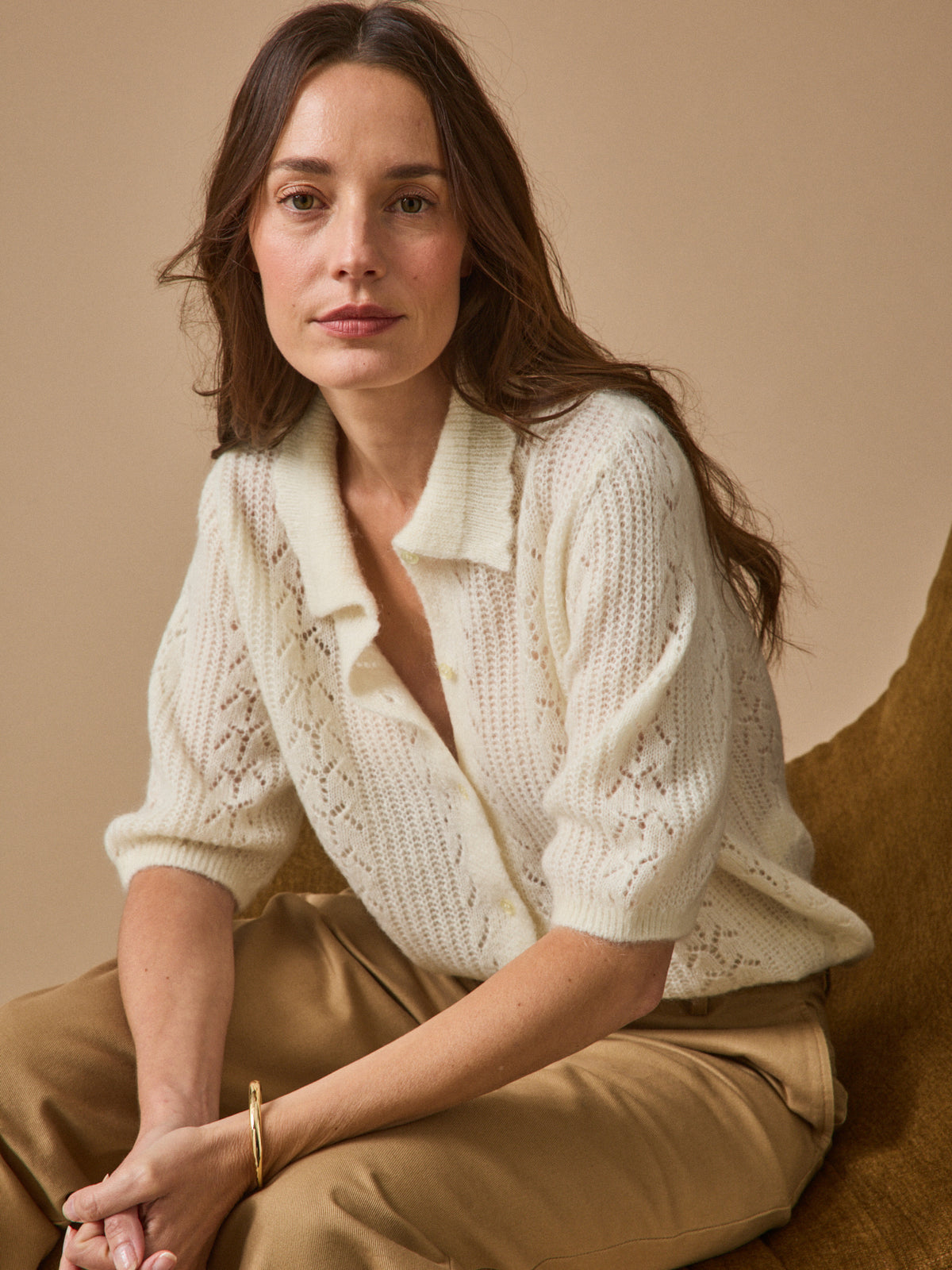 Women's wool and mohair cardigan with polo shirt collar
