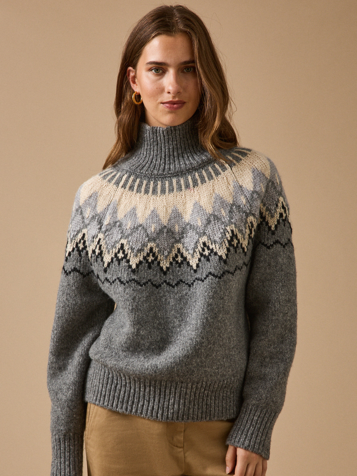 Women's RWS wool jacquard sweater with high neckline