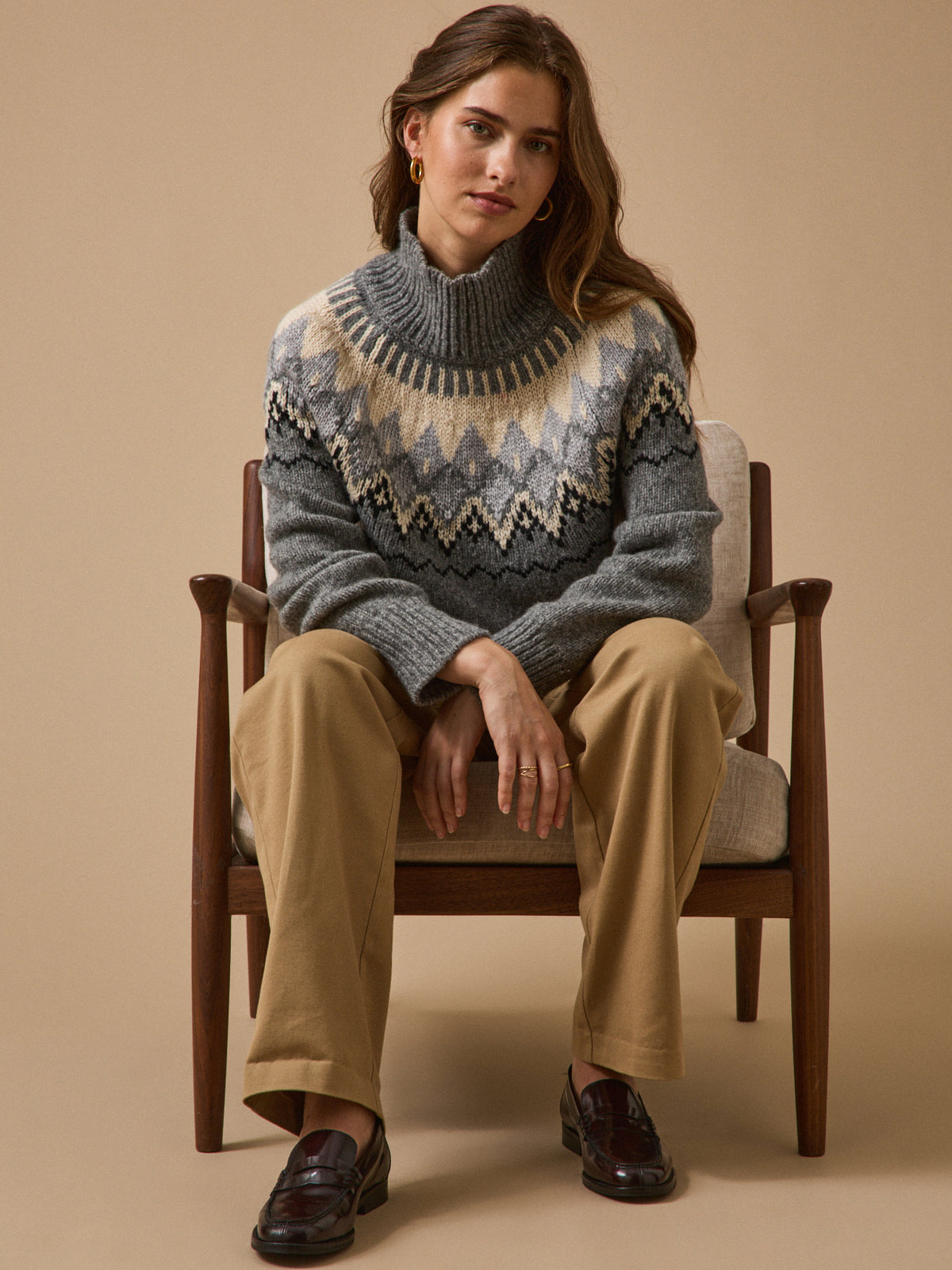 Women's RWS wool jacquard sweater with high neckline