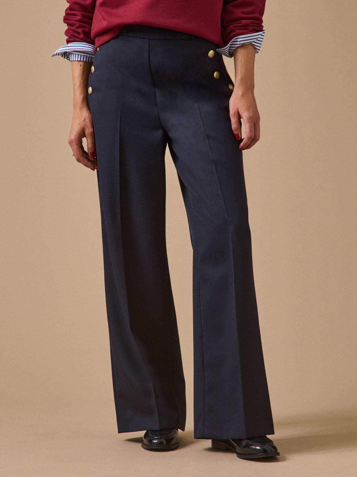 Pantalon large à pont boutons dorés femme Maé