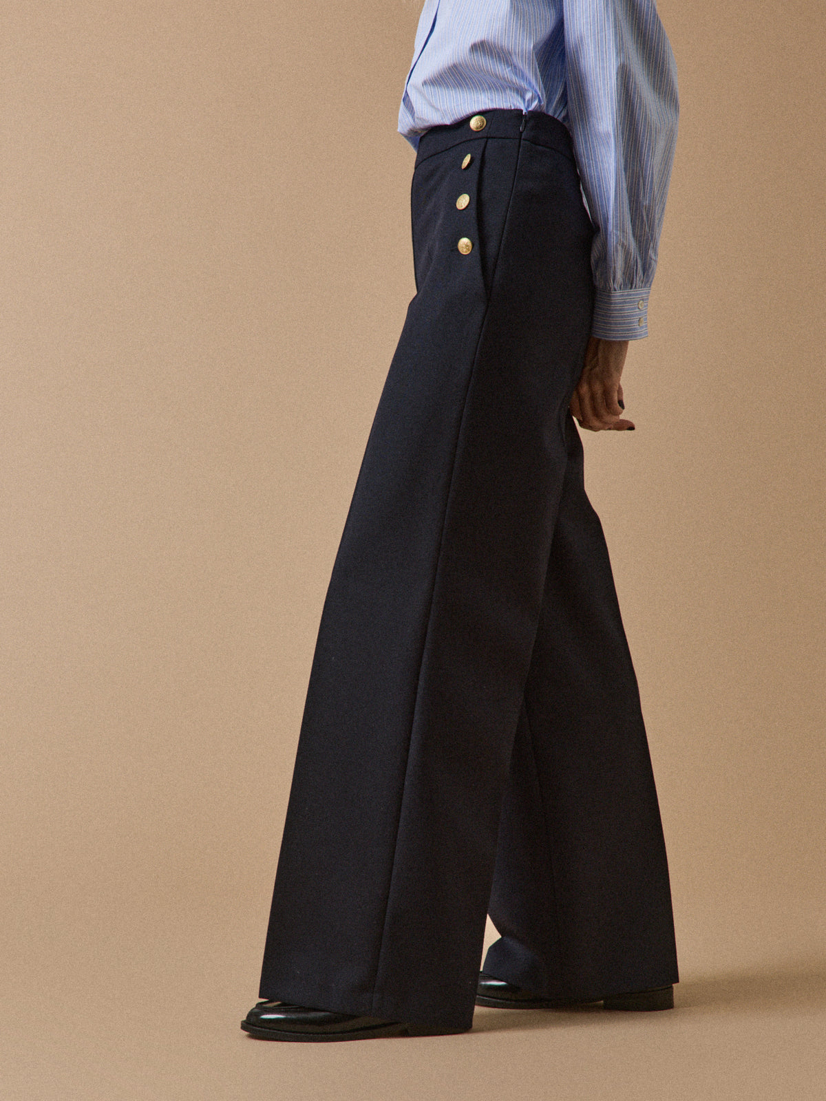 Pantalon large à pont boutons dorés femme Maé