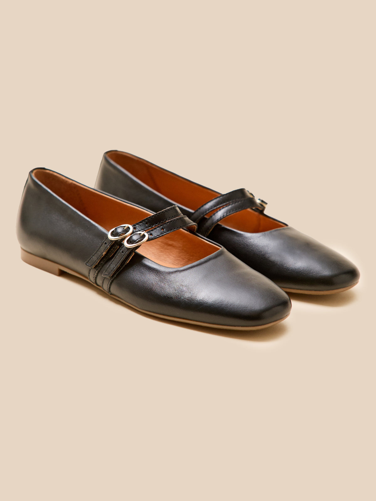 Women's leather ballet flats with 2 straps