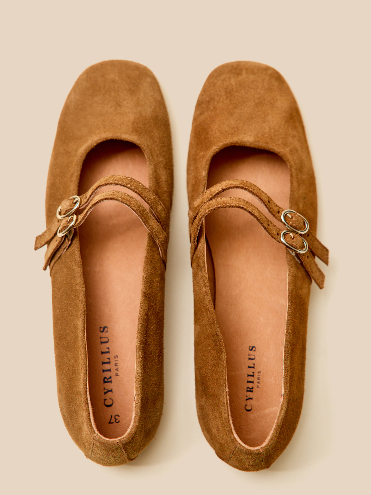 Women's leather ballet flats with 2 straps