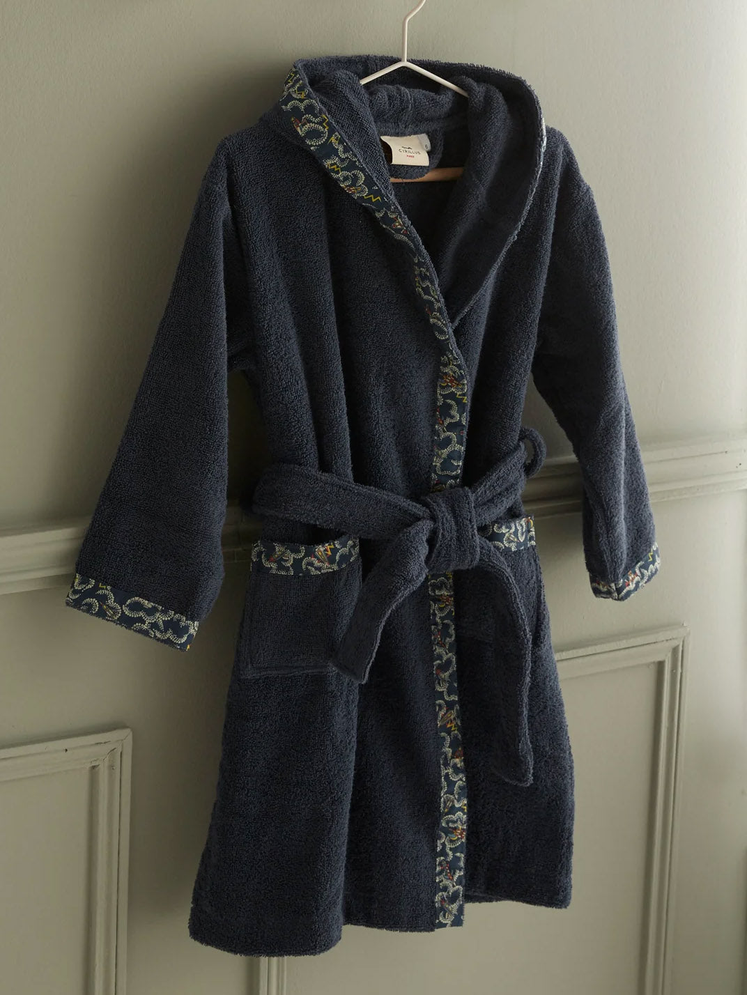 Child's terry cloth bathrobe and trim made with Liberty Fabric