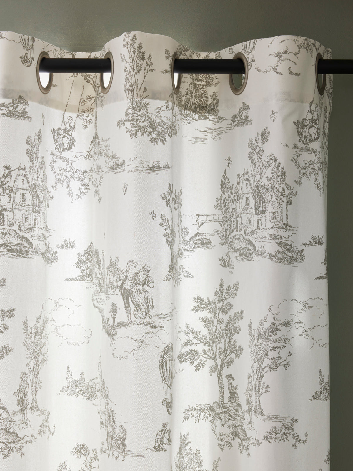 Toile de Jouy inspired curtains with grommets