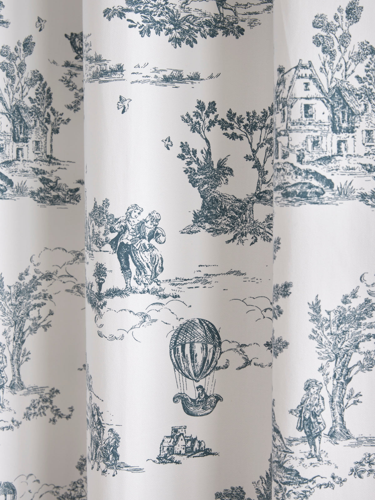 Toile de Jouy inspired curtains with ruched header