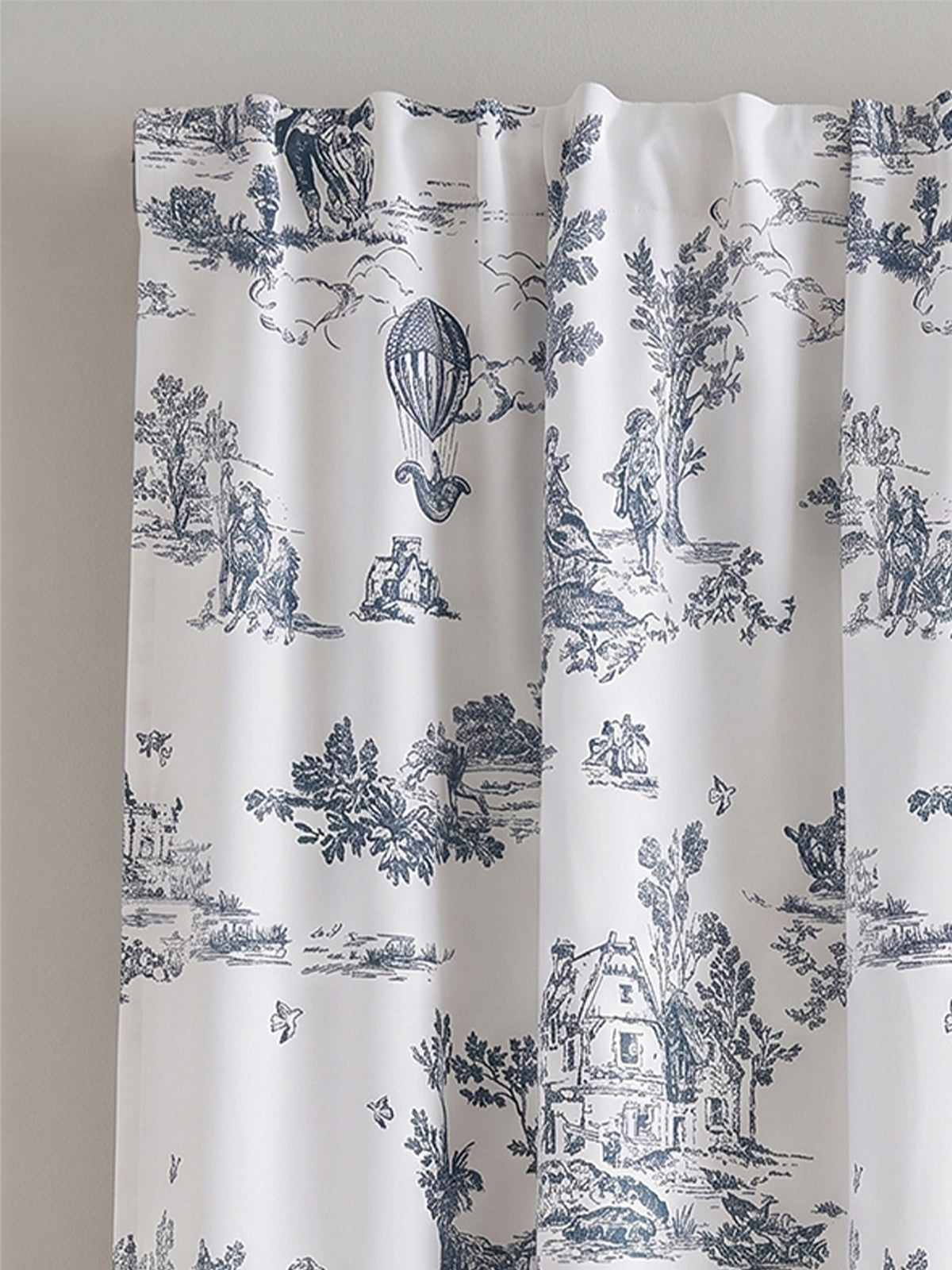 Toile de Jouy inspired curtains with ruched header
