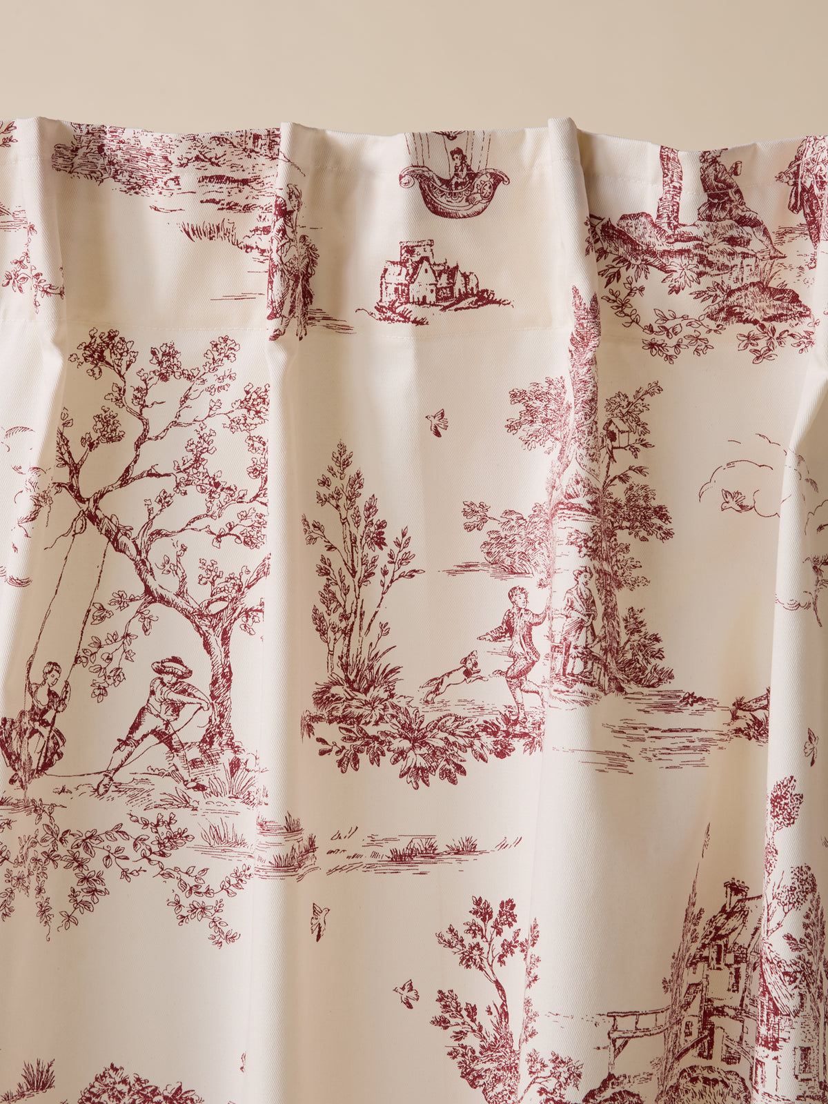 Toile de Jouy inspired curtains with ruched header