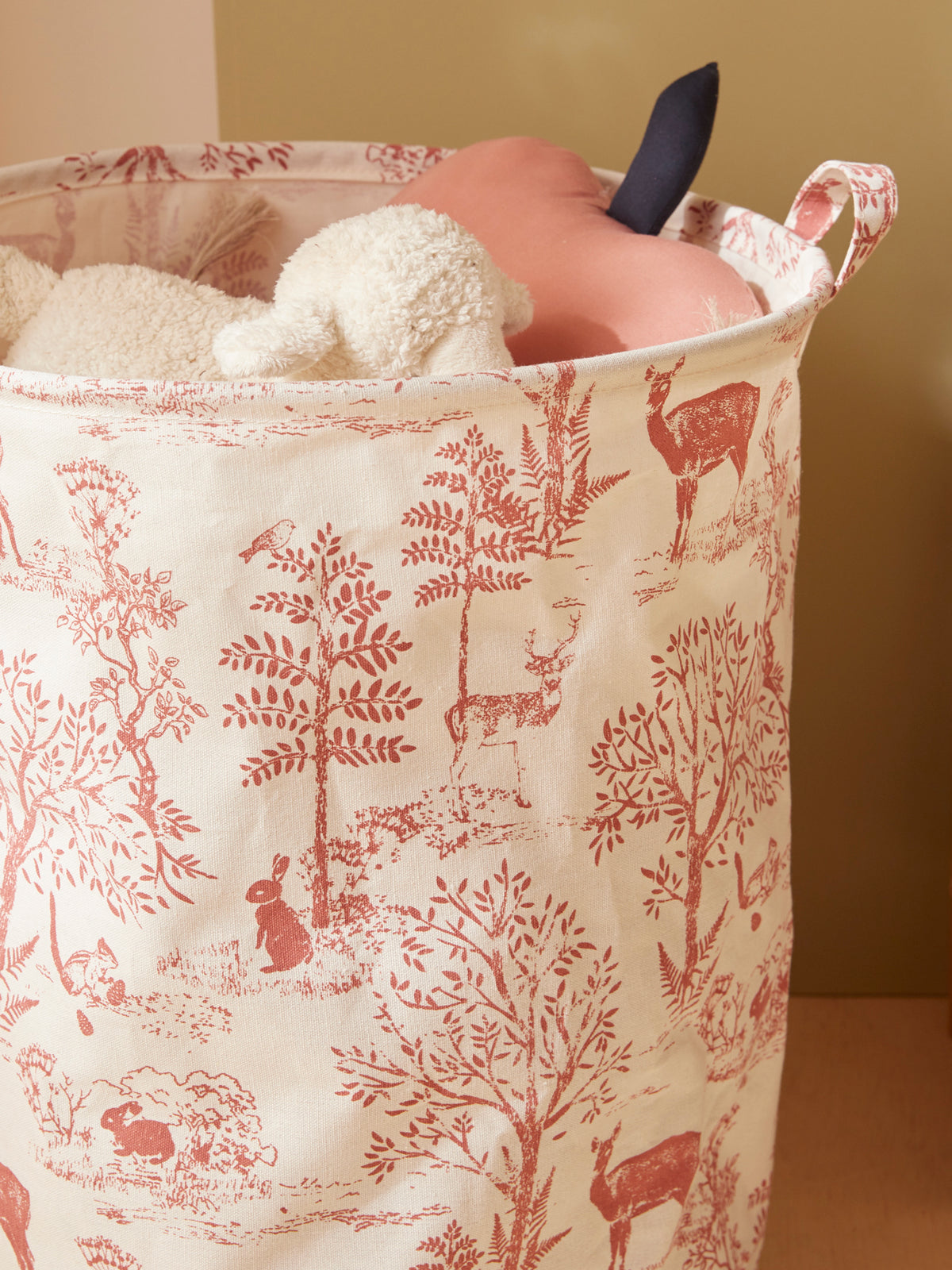 Round Toile de Jouy inspired storage basket