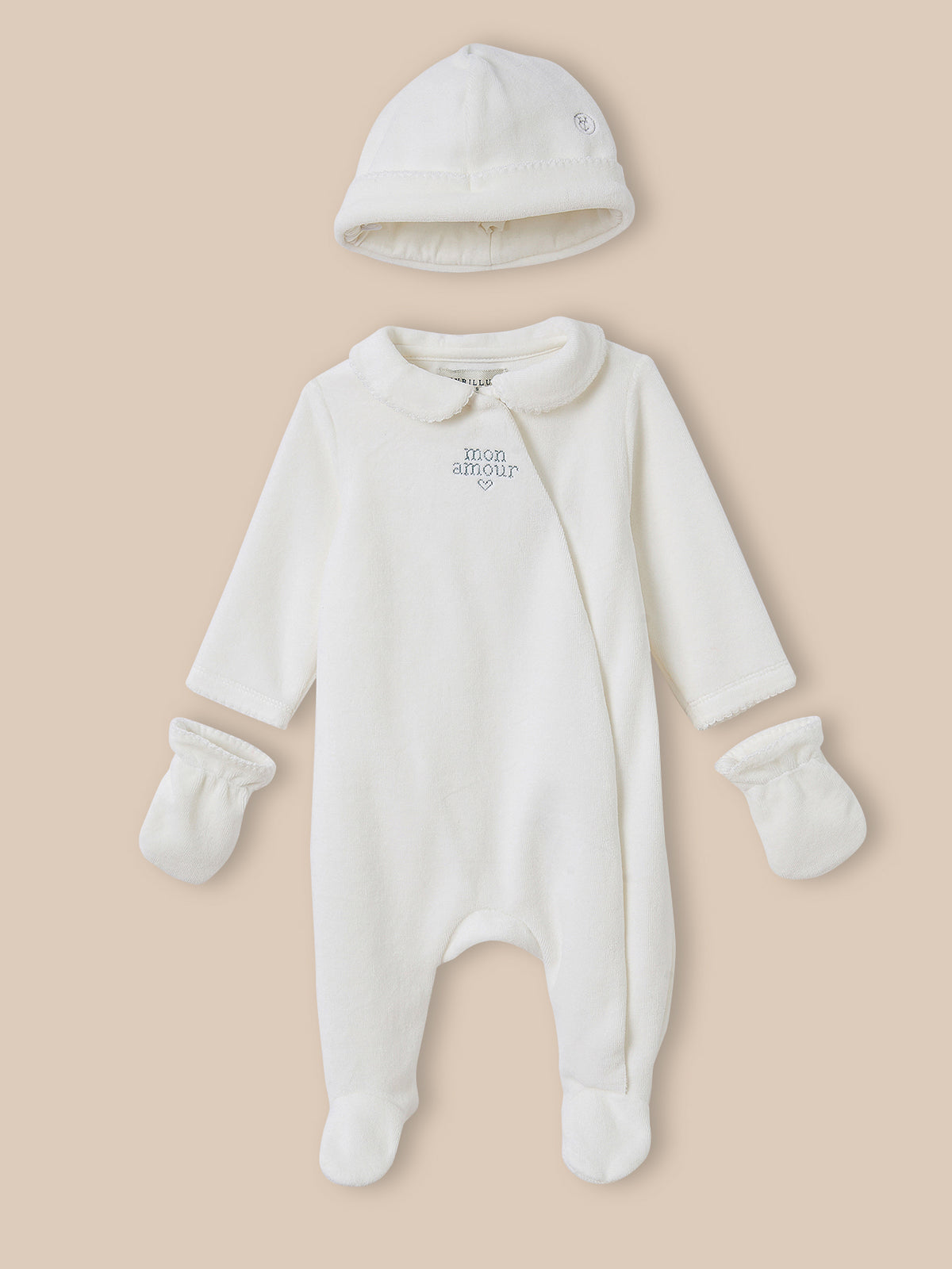 Maternity set: sleepsuit, bonnet, and mittens