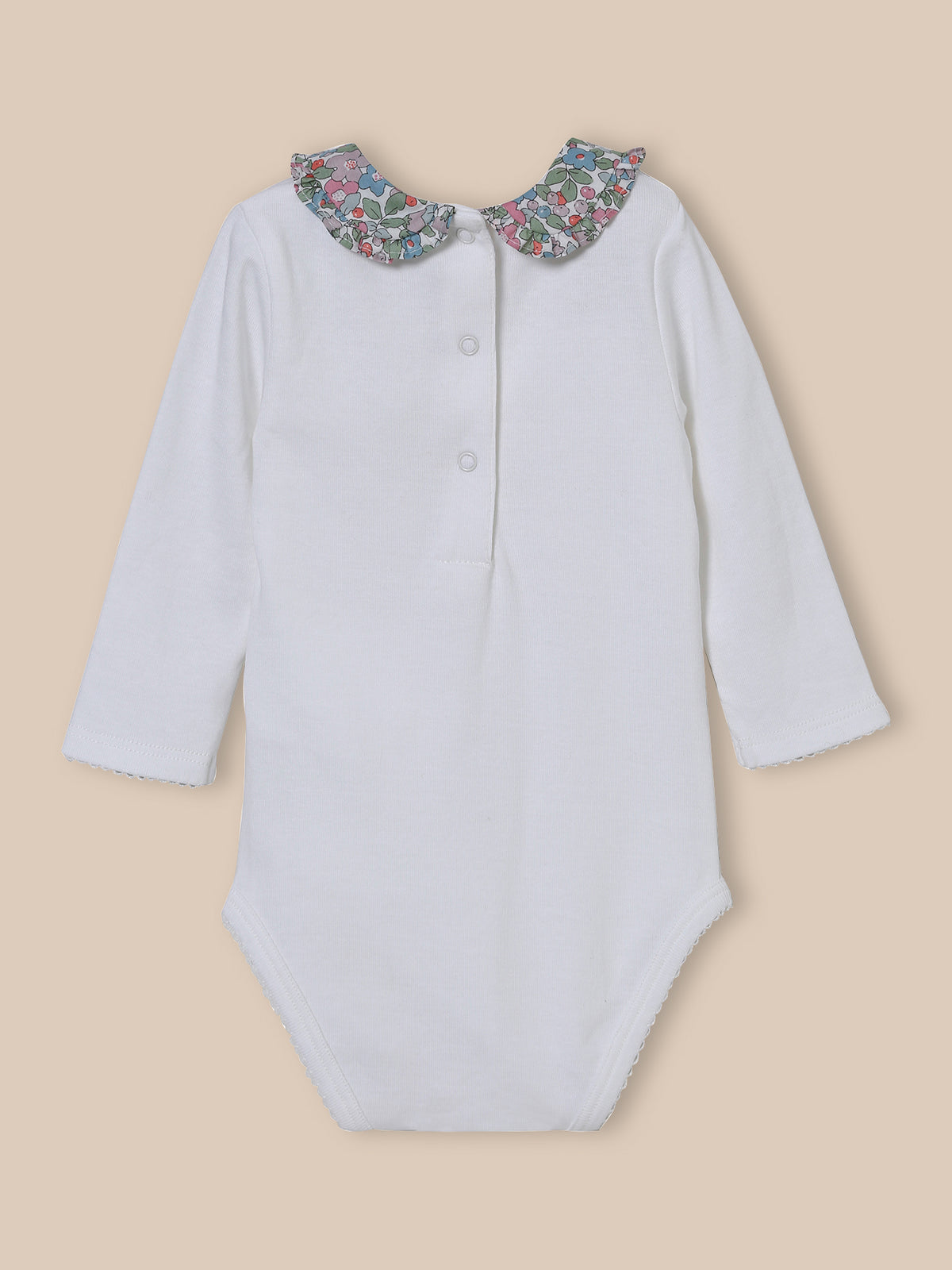 Orgnaic cotton bodysuit, collar made with Liberty fabric
