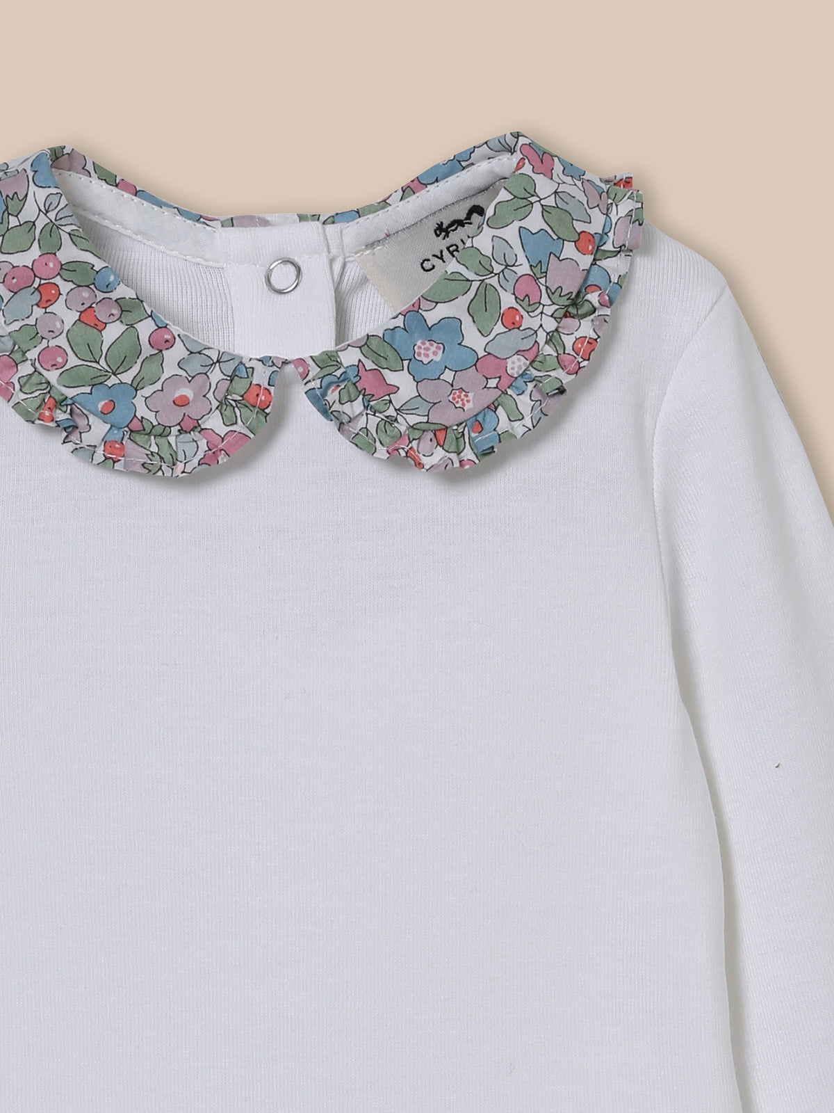Orgnaic cotton bodysuit, collar made with Liberty fabric