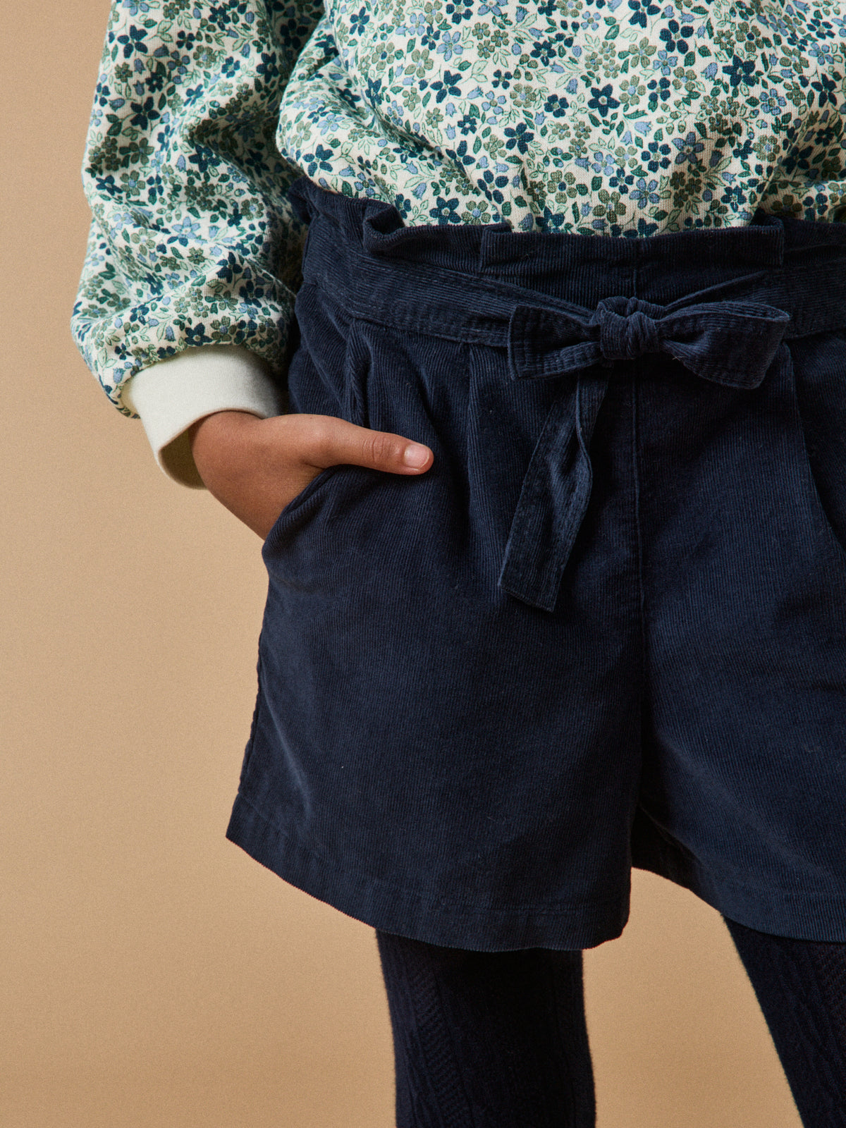 Girl's corduroy shorts with paper-bag waist