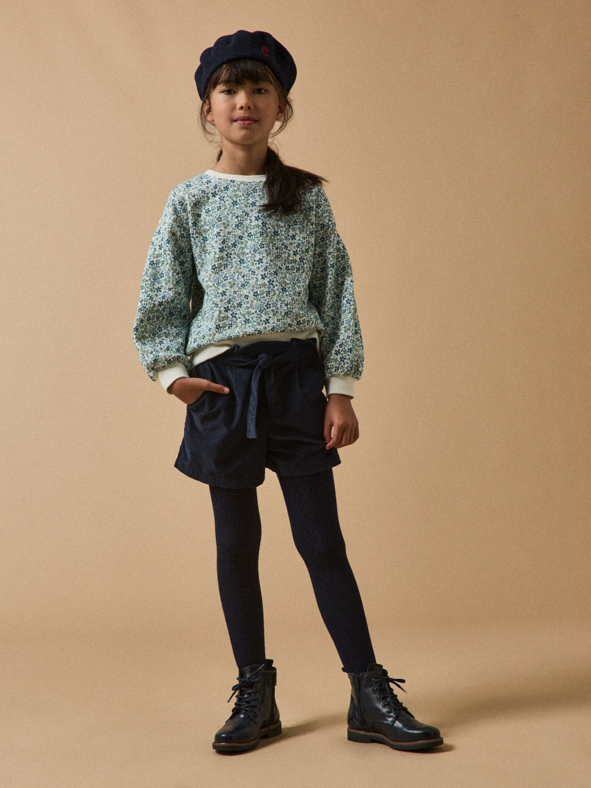 Girl's corduroy shorts with paper-bag waist