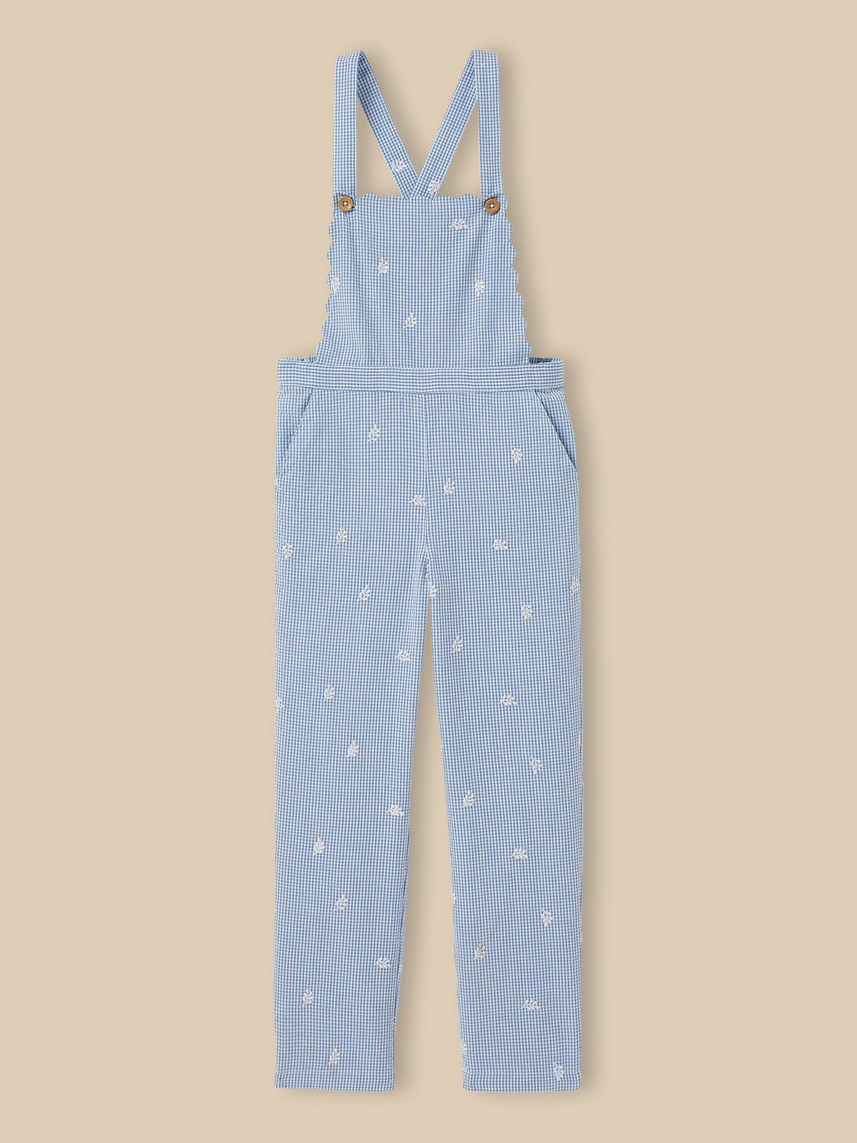 Girl's embroidered gingham check jumpsuit
