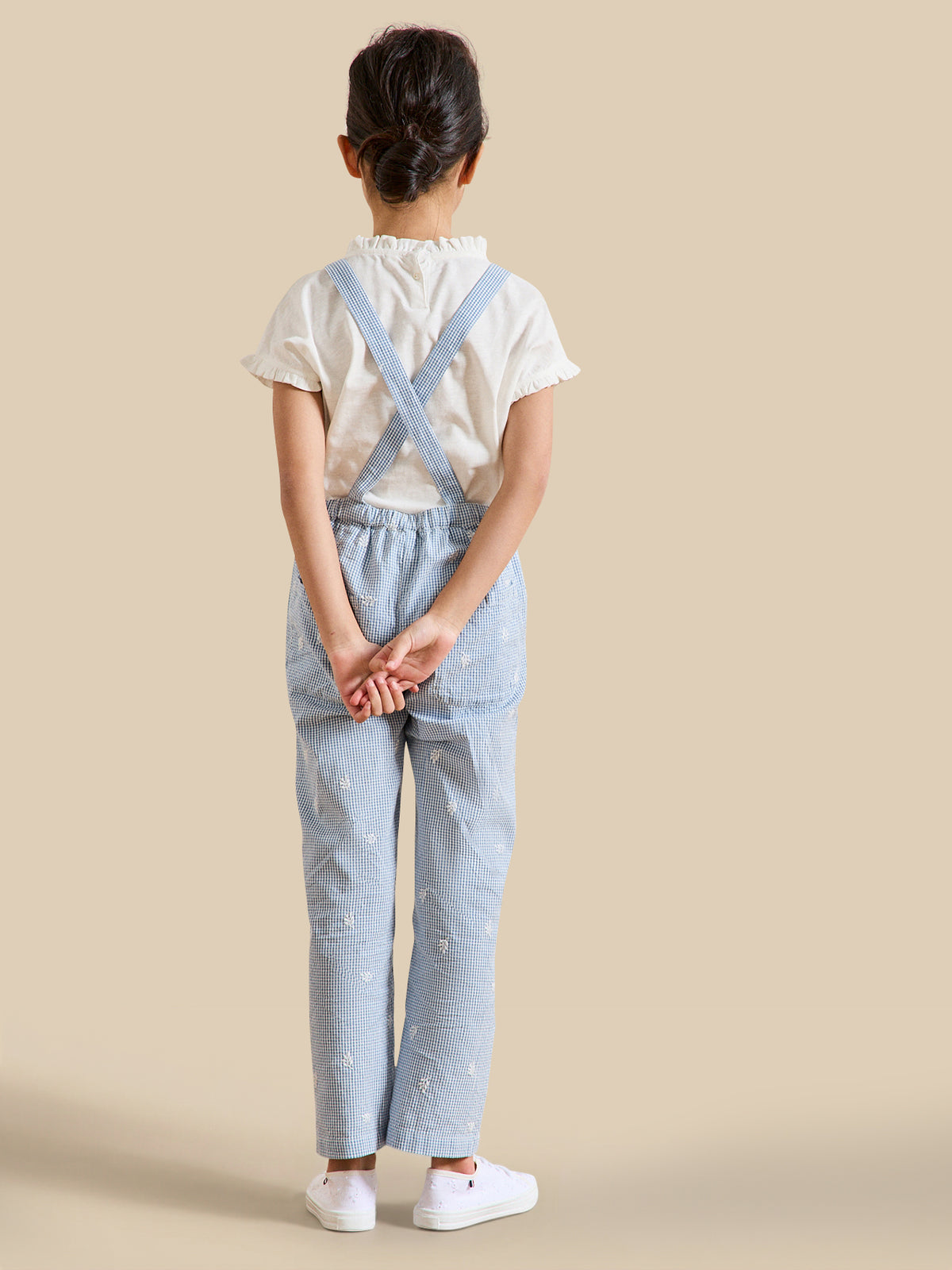 Girl's embroidered gingham check jumpsuit