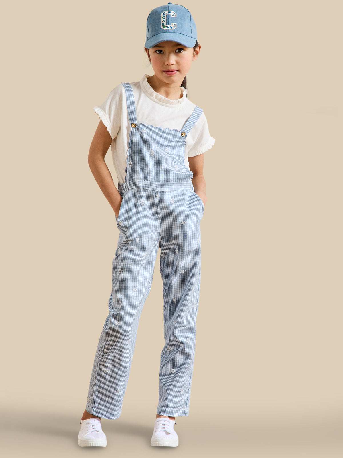 Girl's embroidered gingham check jumpsuit