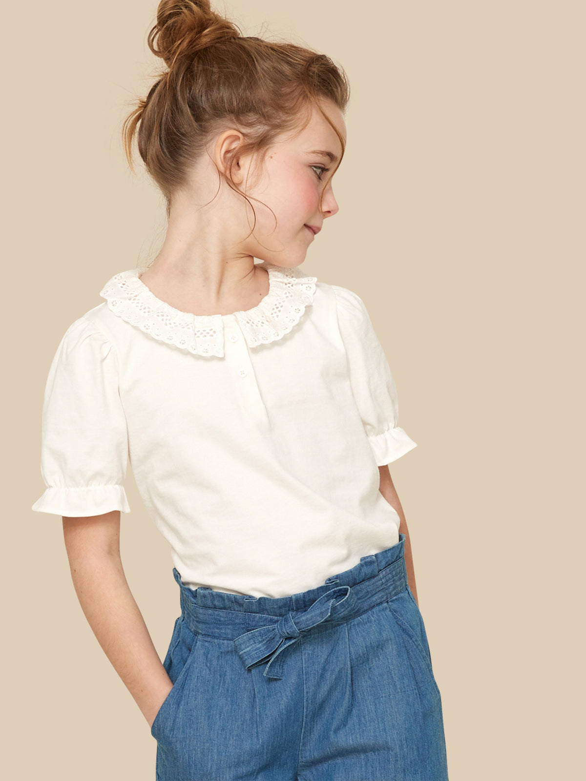 T-shirt Fille col dentelle - Coton Biologique