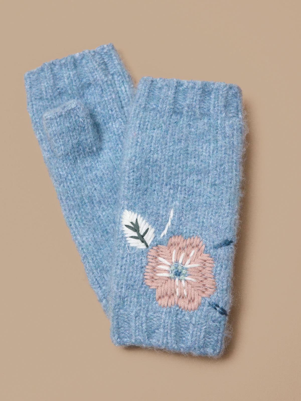 Girl's embroidered ribbed knit fingerless gloves